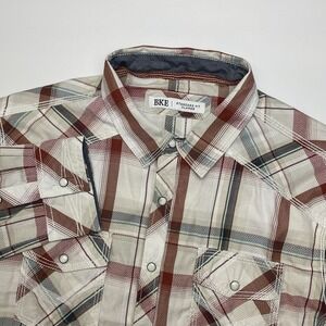 BKE Western Pearl Snap Shirt Mens XL Standard Fit White Red Plaid Long Sleeve